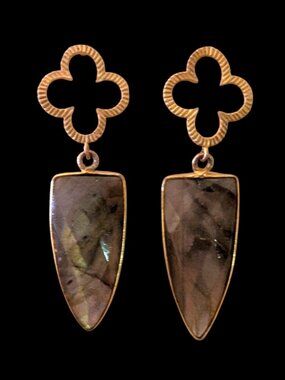 925 Sterling Post Gold Tone Labradorite Stone Drop Dangle Stud Earrings 2"
